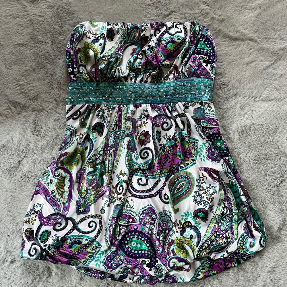 Vintage print Strapless Silk top
